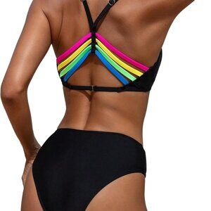 Women's Rainbow Striped 2 Piece Bikini Swimsuit X-Large Stretchy Comfortable